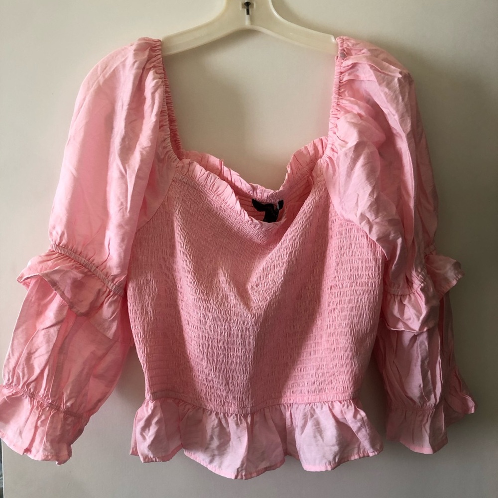 Forever 21 Light Pink Smocked Ruffle Peasant Blouse